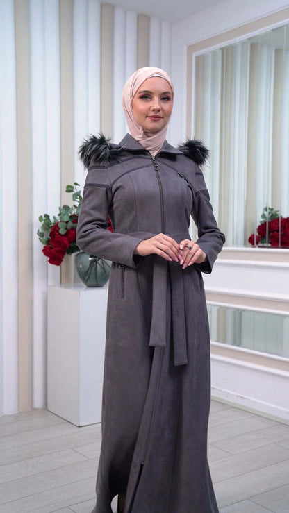 Langer Wildledermantel mit abnehmbarer Pelzkapuze 1333 - Anthrazit