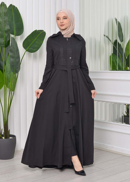 Gefütterter Langmantel mit abnehmbarer Kapuze 1203 - Schwarz