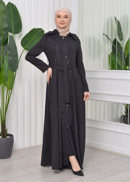 Gefütterter Langmantel mit abnehmbarer Kapuze 1203 - Schwarz