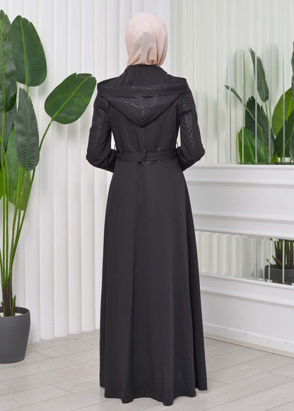 Gefütterter Langmantel mit abnehmbarer Kapuze 1203 - Schwarz