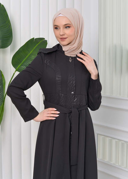 Gefütterter Langmantel mit abnehmbarer Kapuze 1203 - Schwarz