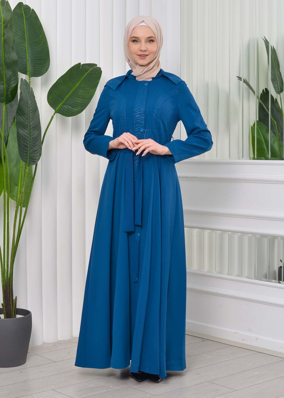 Gefütterter Langmantel mit abnehmbarer Kapuze 1203 - Türkis