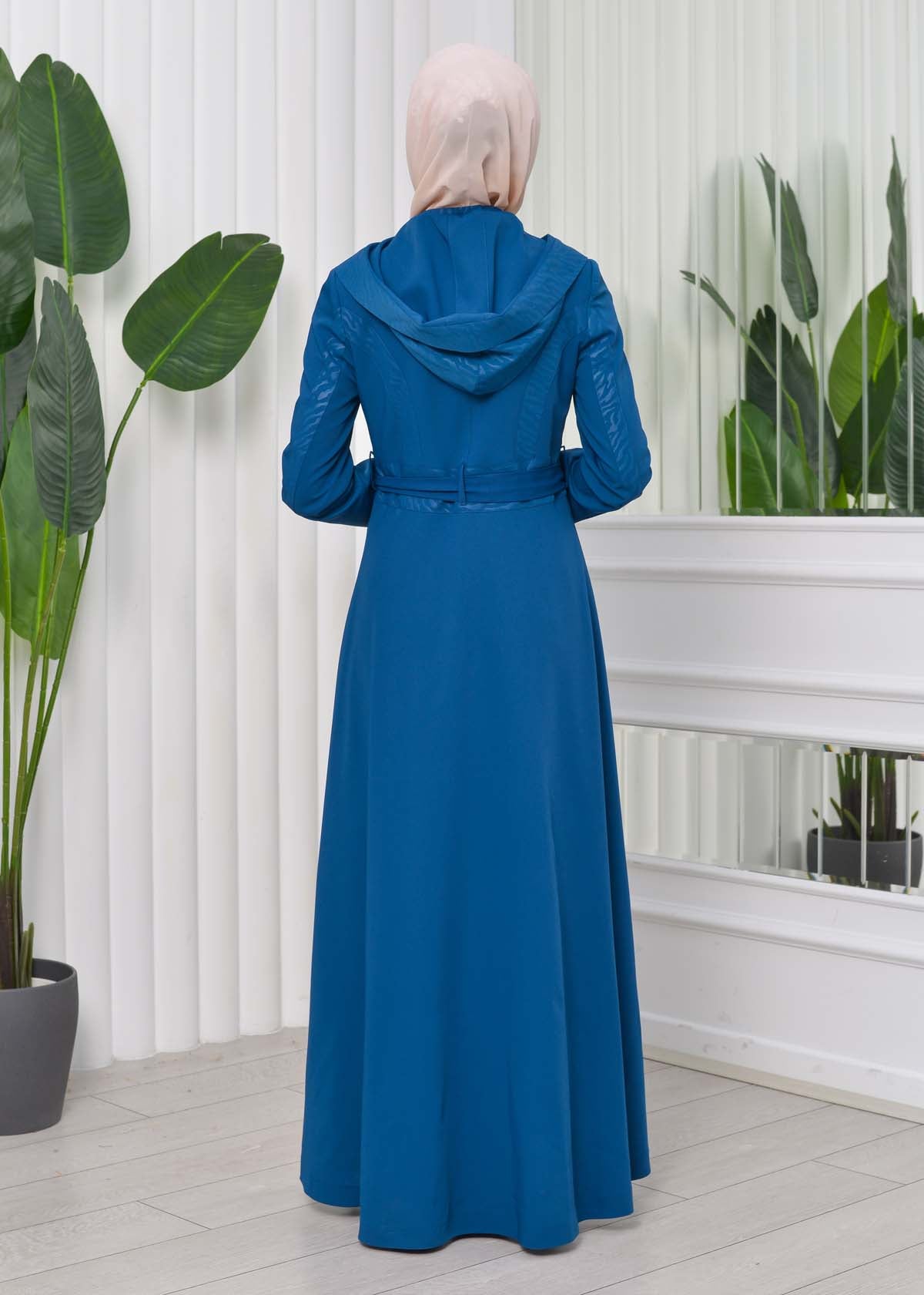 Gefütterter Langmantel mit abnehmbarer Kapuze 1203 - Türkis