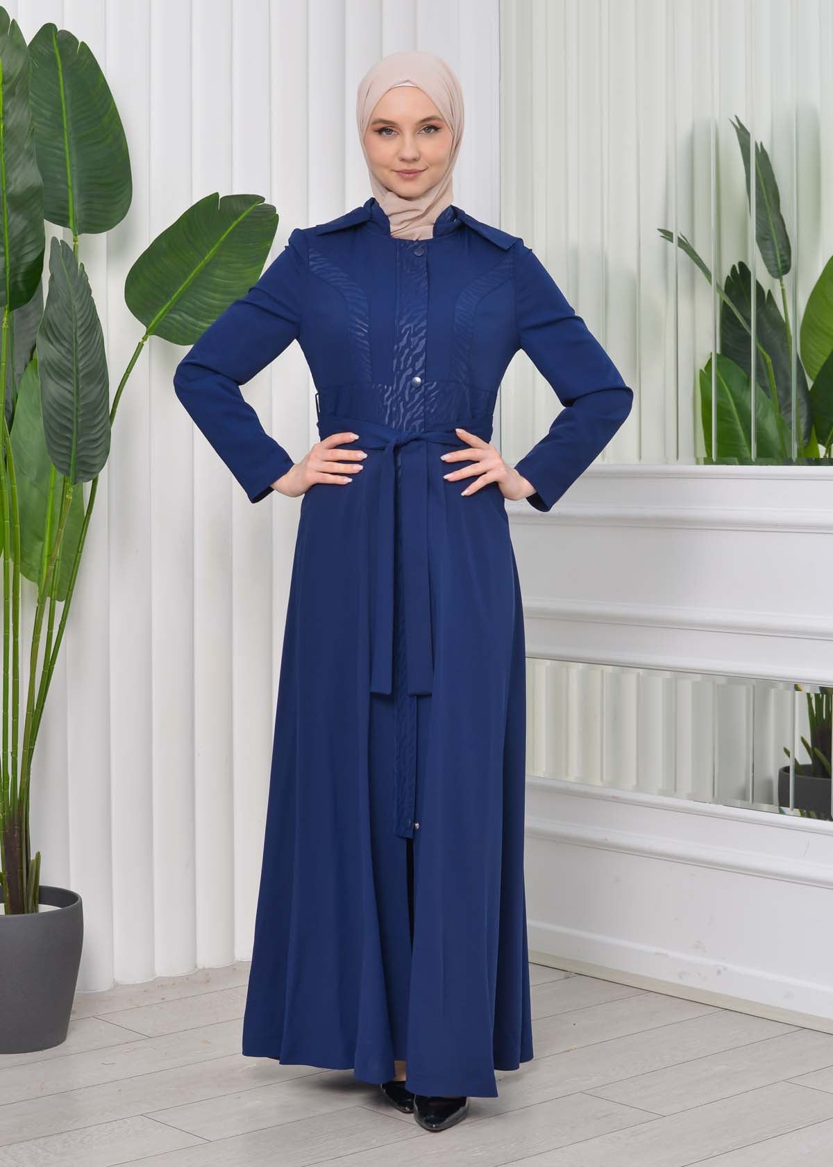 Gefütterter Langmantel mit abnehmbarer Kapuze 1203 - Dunkelblau