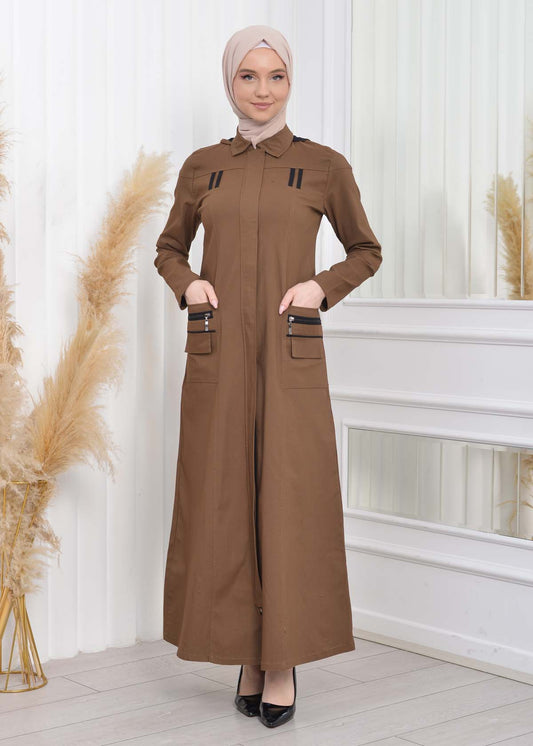 Hooded Zippered Linen Women Hijab Trench Coat Code : 1209 - Tabak