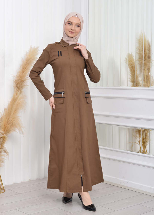 Hooded Zippered Linen Women Hijab Trench Coat Code : 1209 - Tabak