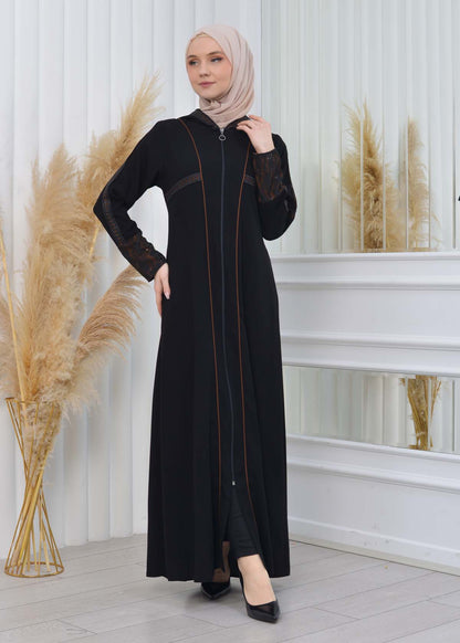 Hooded Zippered Hijab Abaya 613 - Cognac