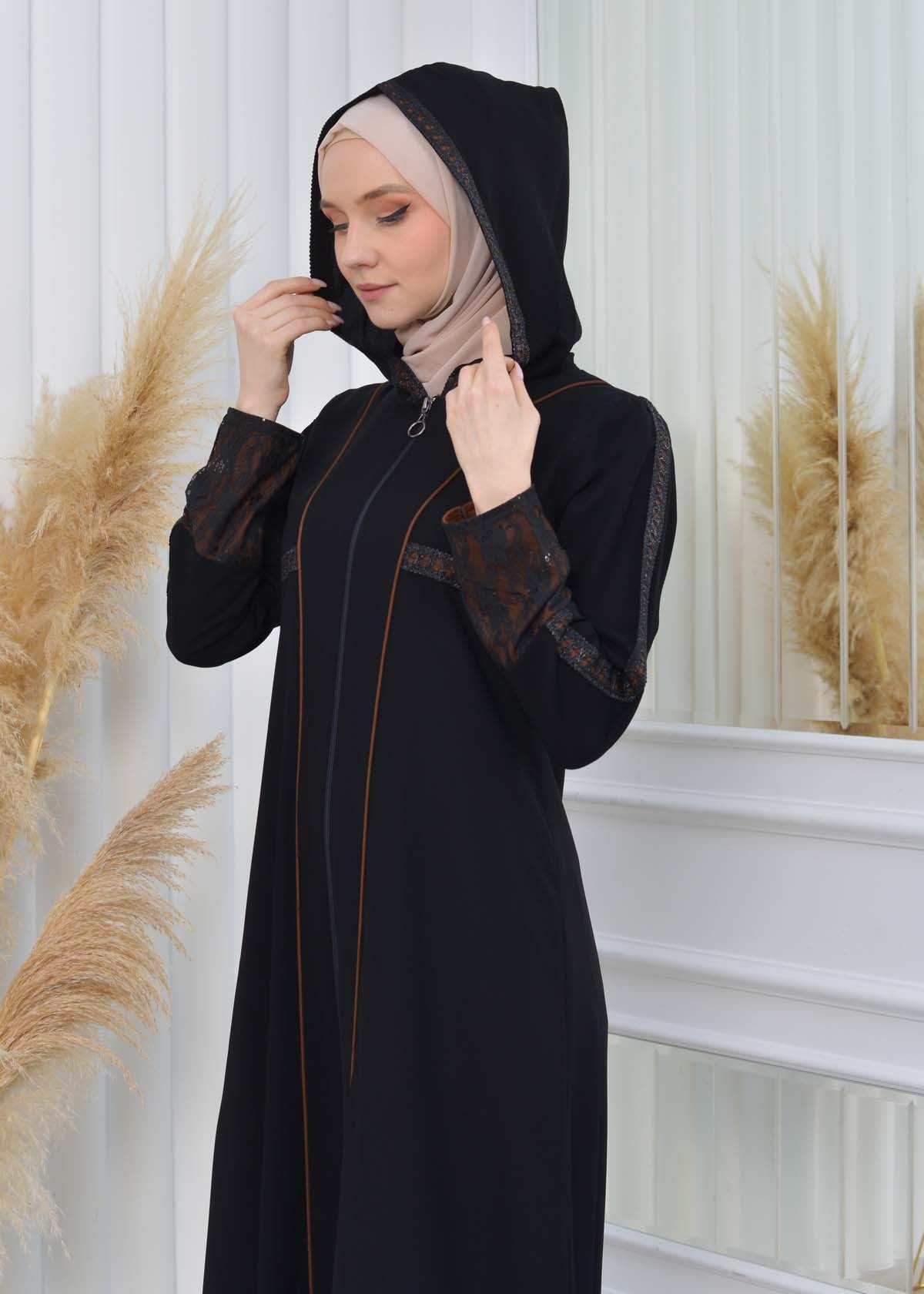 Hooded Zippered Hijab Abaya 613 - Cognac