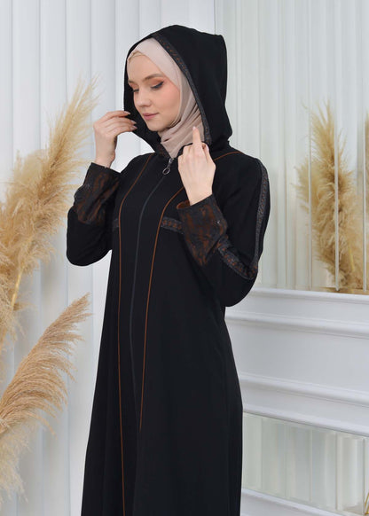 Hooded Zippered Hijab Abaya 613 - Cognac