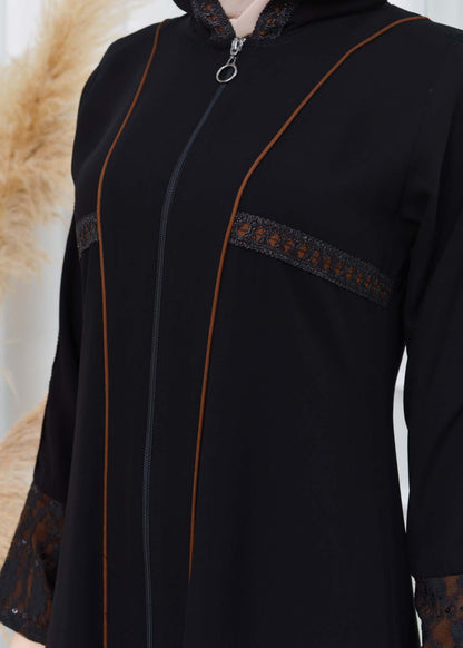 Hooded Zippered Hijab Abaya 613 - Cognac