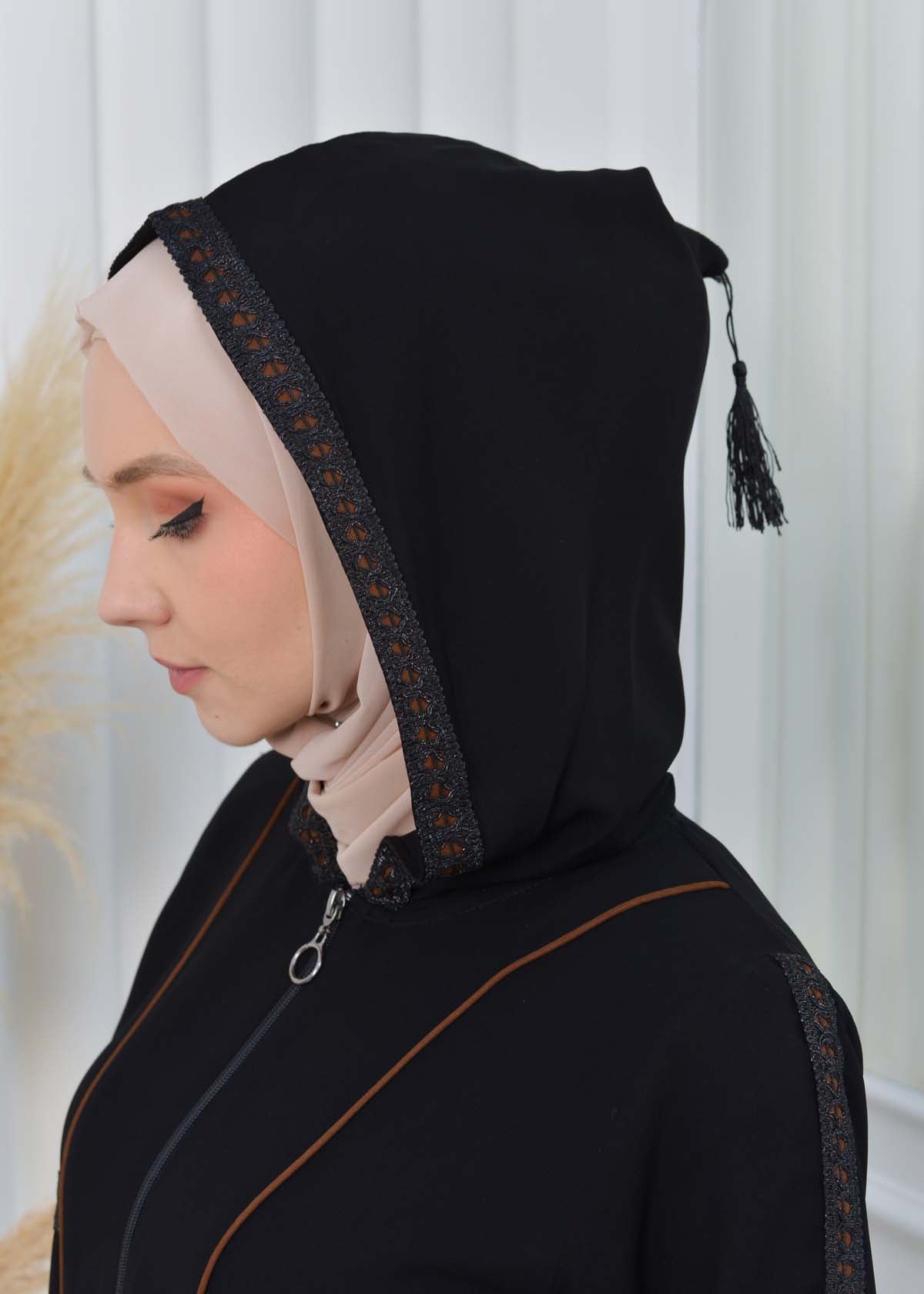 Hooded Zippered Hijab Abaya 613 - Cognac