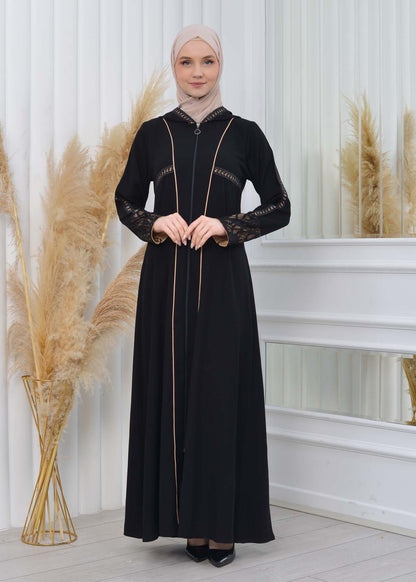 Hooded Zippered Hijab Abaya 613 - Beige