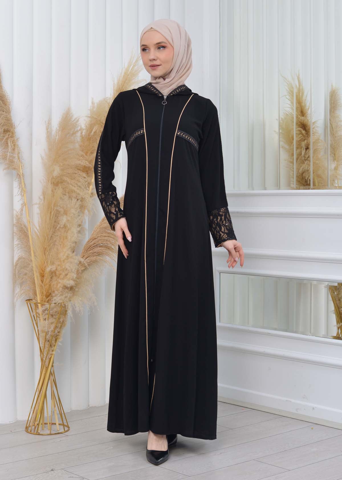 Hooded Zippered Hijab Abaya 613 - Beige