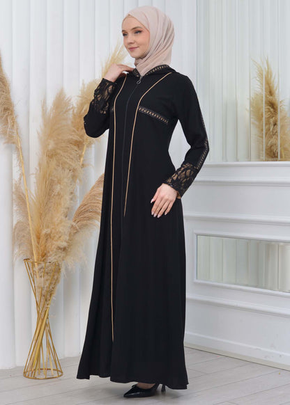 Hooded Zippered Hijab Abaya 613 - Beige