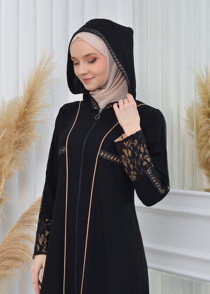 Hooded Zippered Hijab Abaya 613 - Beige