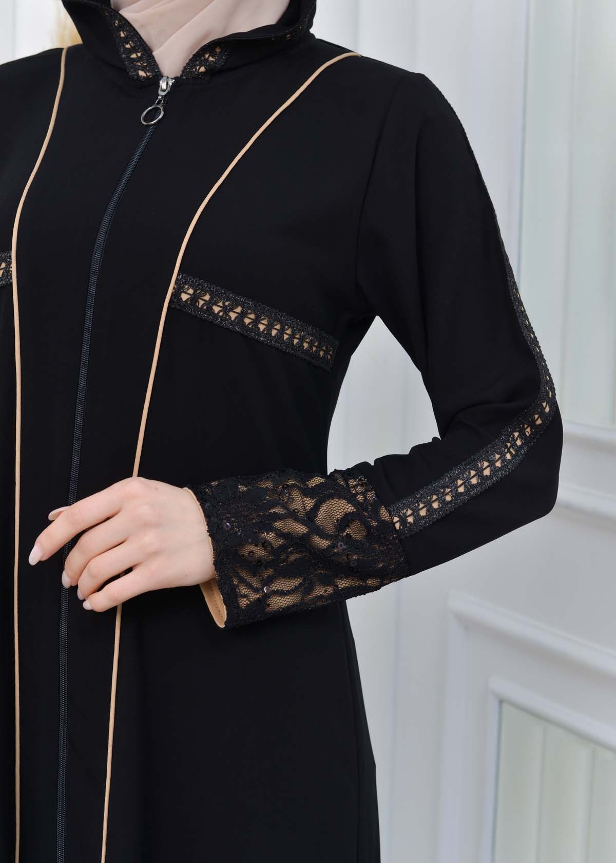 Hooded Zippered Hijab Abaya 613 - Beige