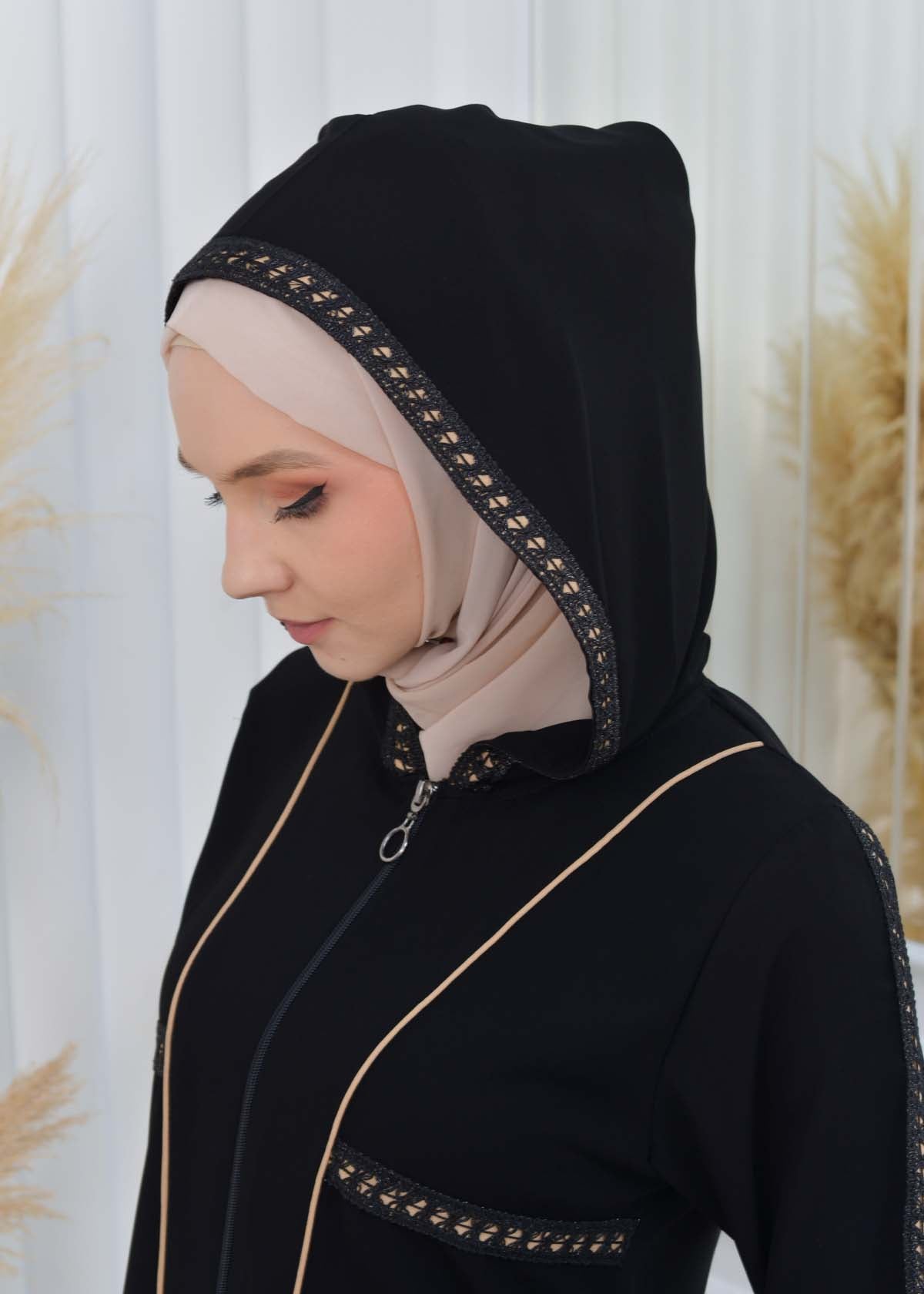 Hooded Zippered Hijab Abaya 613 - Beige