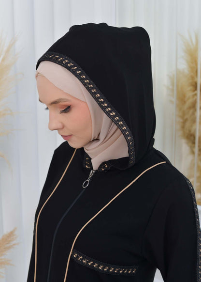 Hooded Zippered Hijab Abaya 613 - Beige