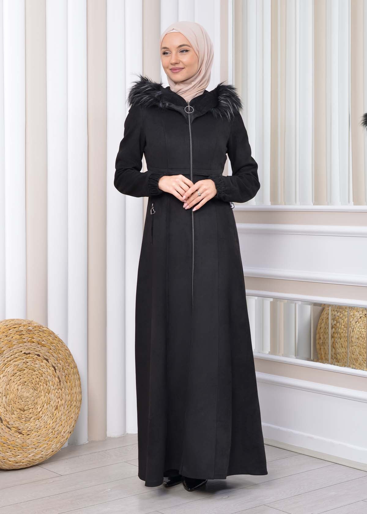 Langer Wildleder-Mantel mit Pelzkapuze 1331 - Schwarz