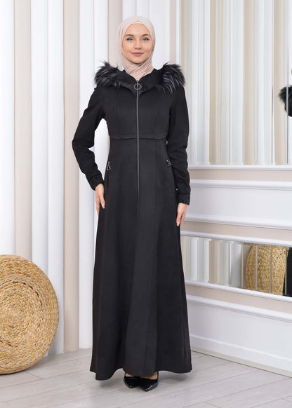 Langer Wildleder-Mantel mit Pelzkapuze 1331 - Schwarz