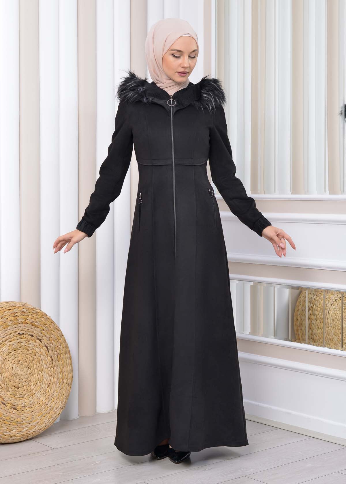 Langer Wildleder-Mantel mit Pelzkapuze 1331 - Schwarz