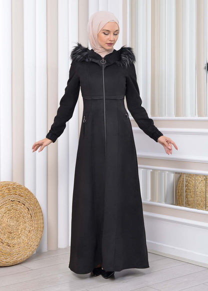 Langer Wildleder-Mantel mit Pelzkapuze 1331 - Schwarz