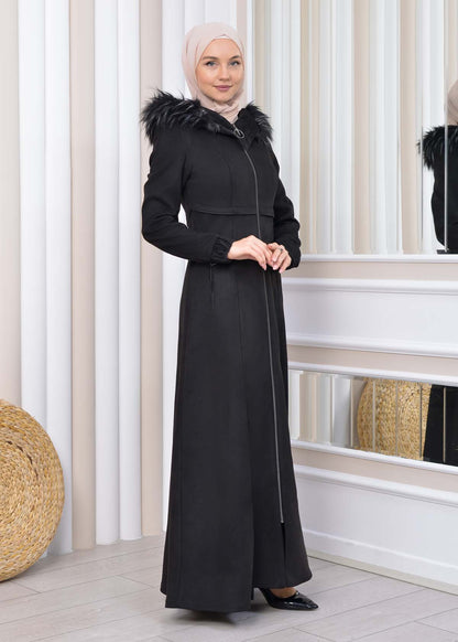 Langer Wildleder-Mantel mit Pelzkapuze 1331 - Schwarz