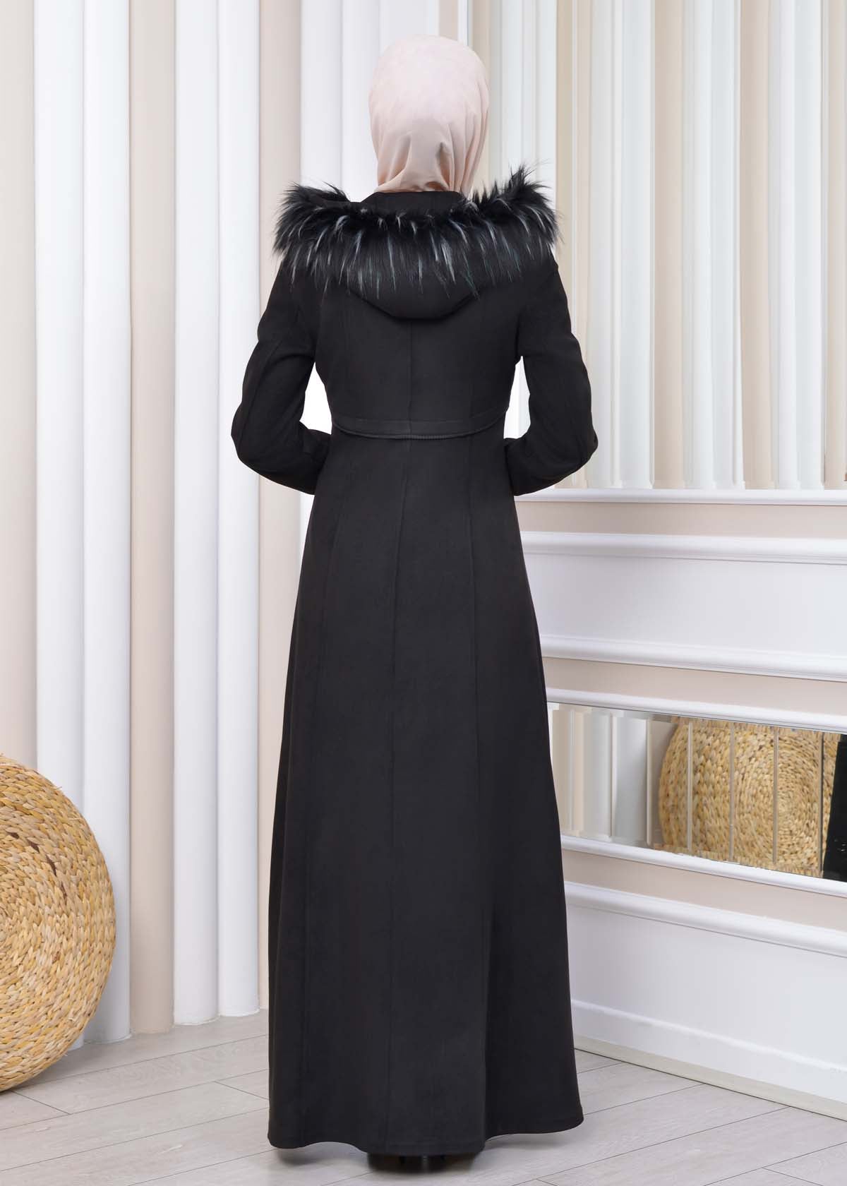 Langer Wildleder-Mantel mit Pelzkapuze 1331 - Schwarz