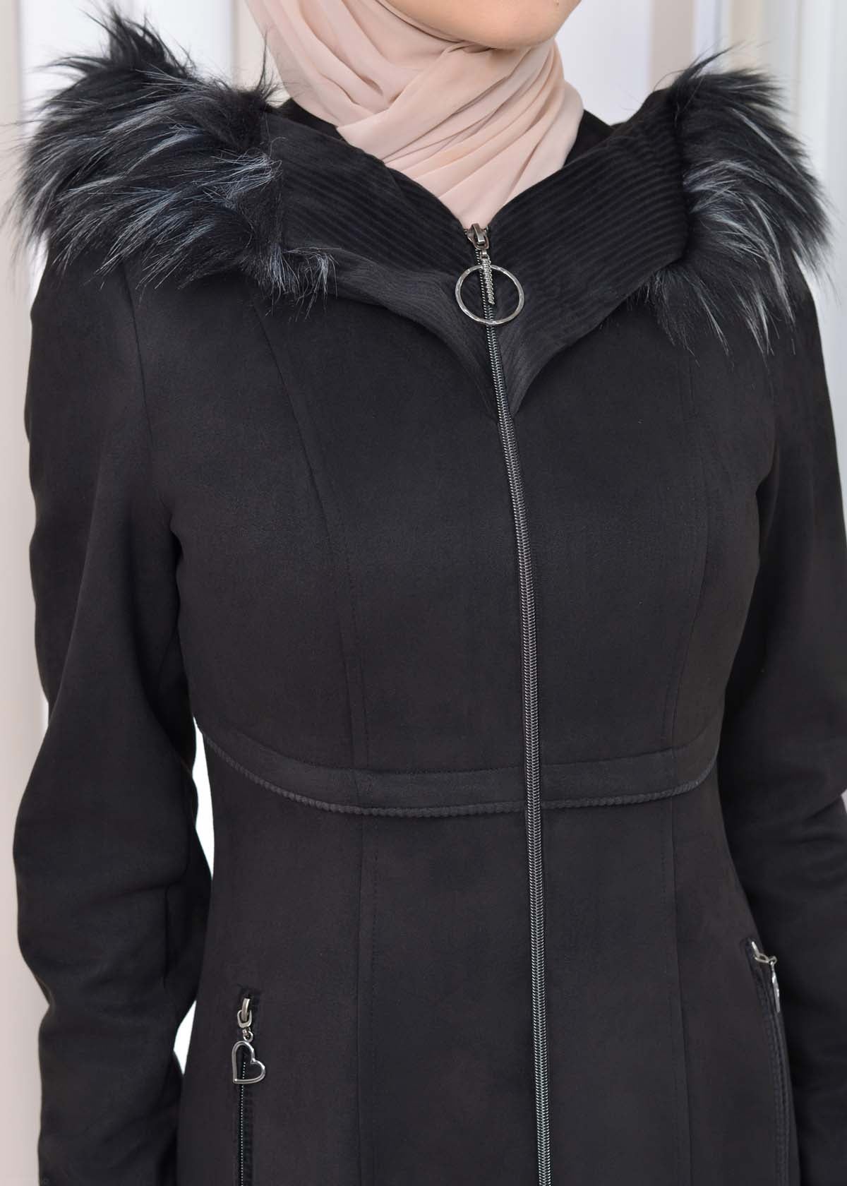 Langer Wildleder-Mantel mit Pelzkapuze 1331 - Schwarz