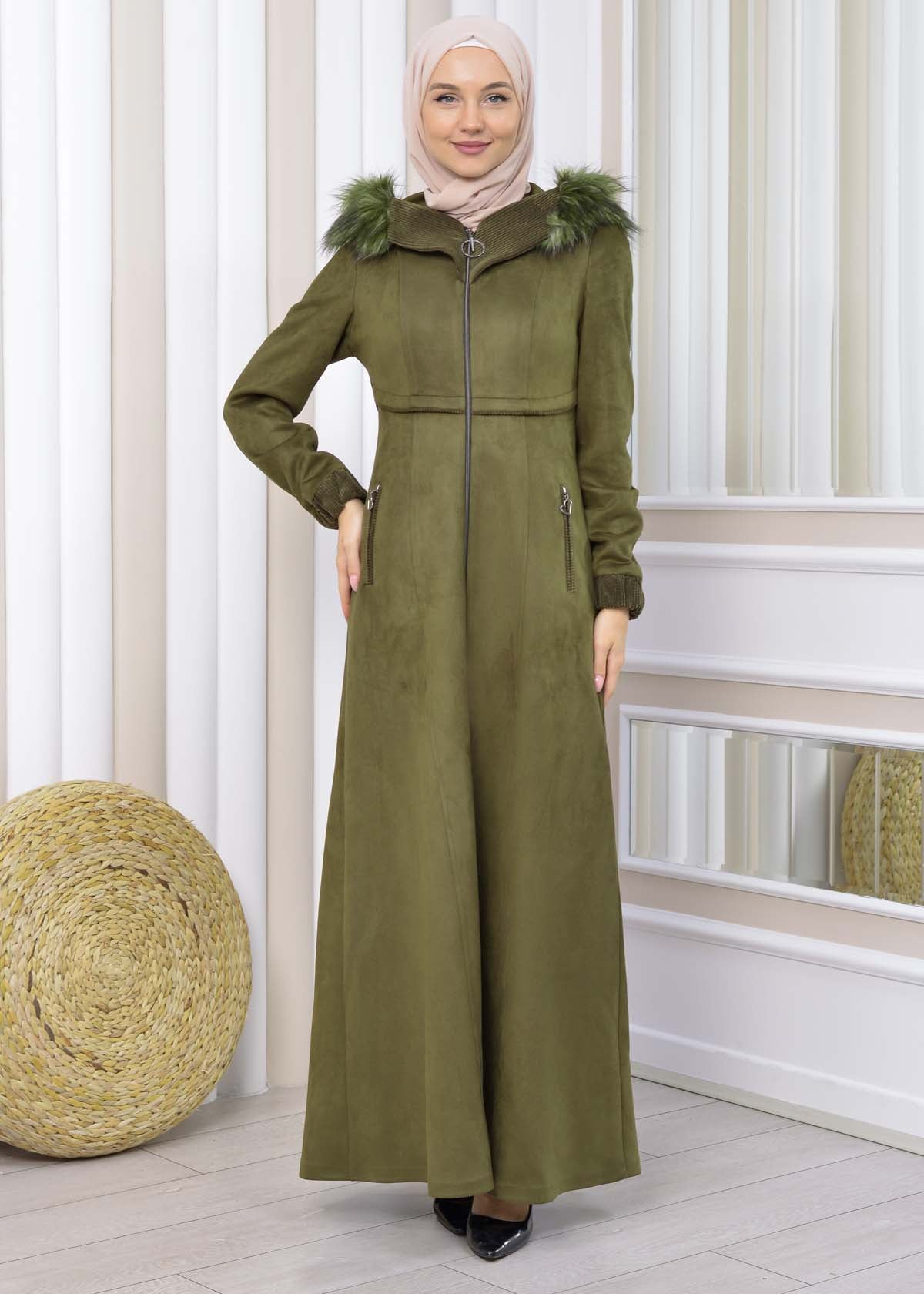 Langer Wildleder-Mantel mit Pelzkapuze 1331 - Khaki