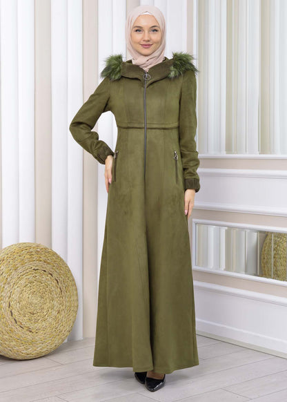 Langer Wildleder-Mantel mit Pelzkapuze 1331 - Khaki