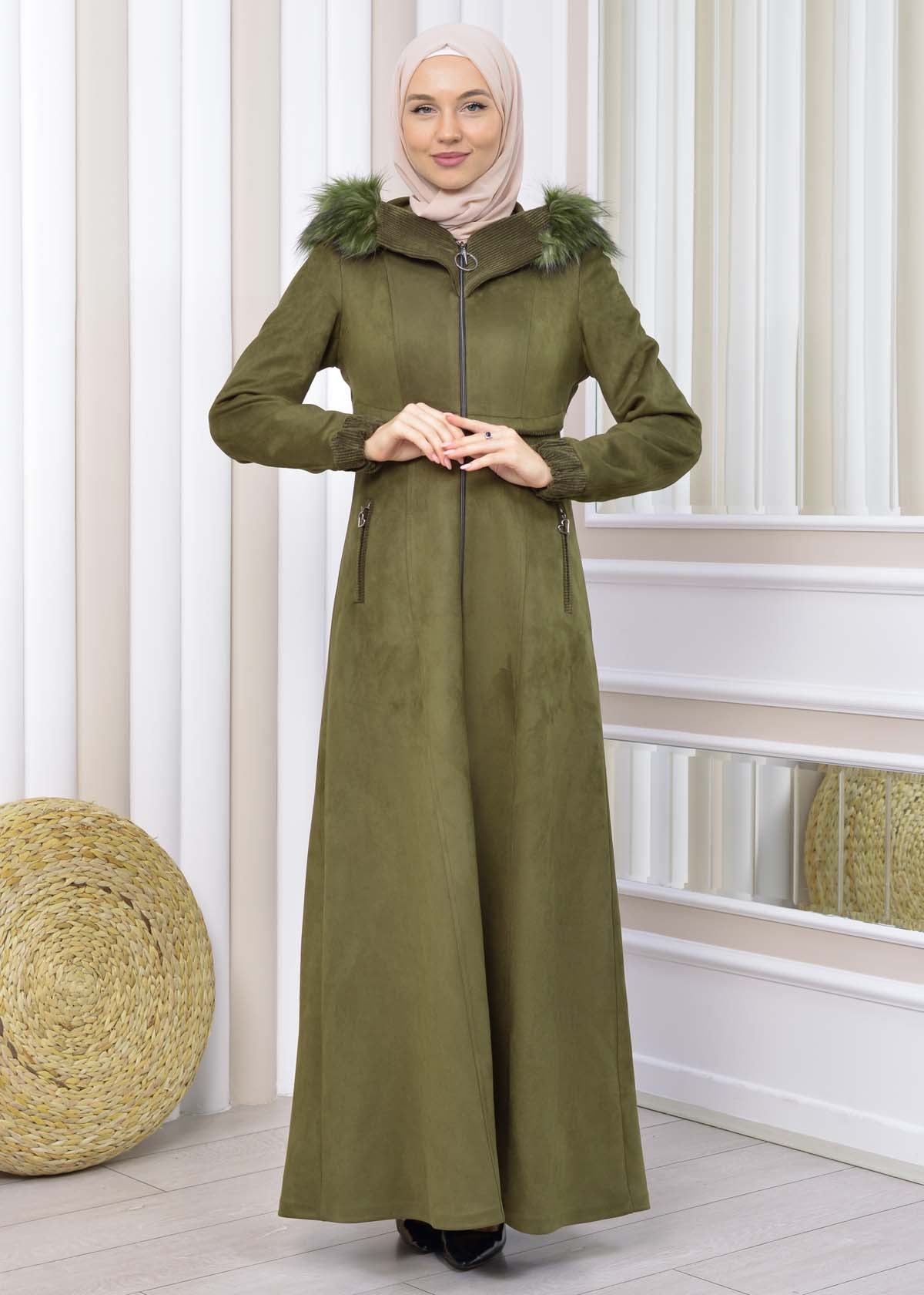 Langer Wildleder-Mantel mit Pelzkapuze 1331 - Khaki