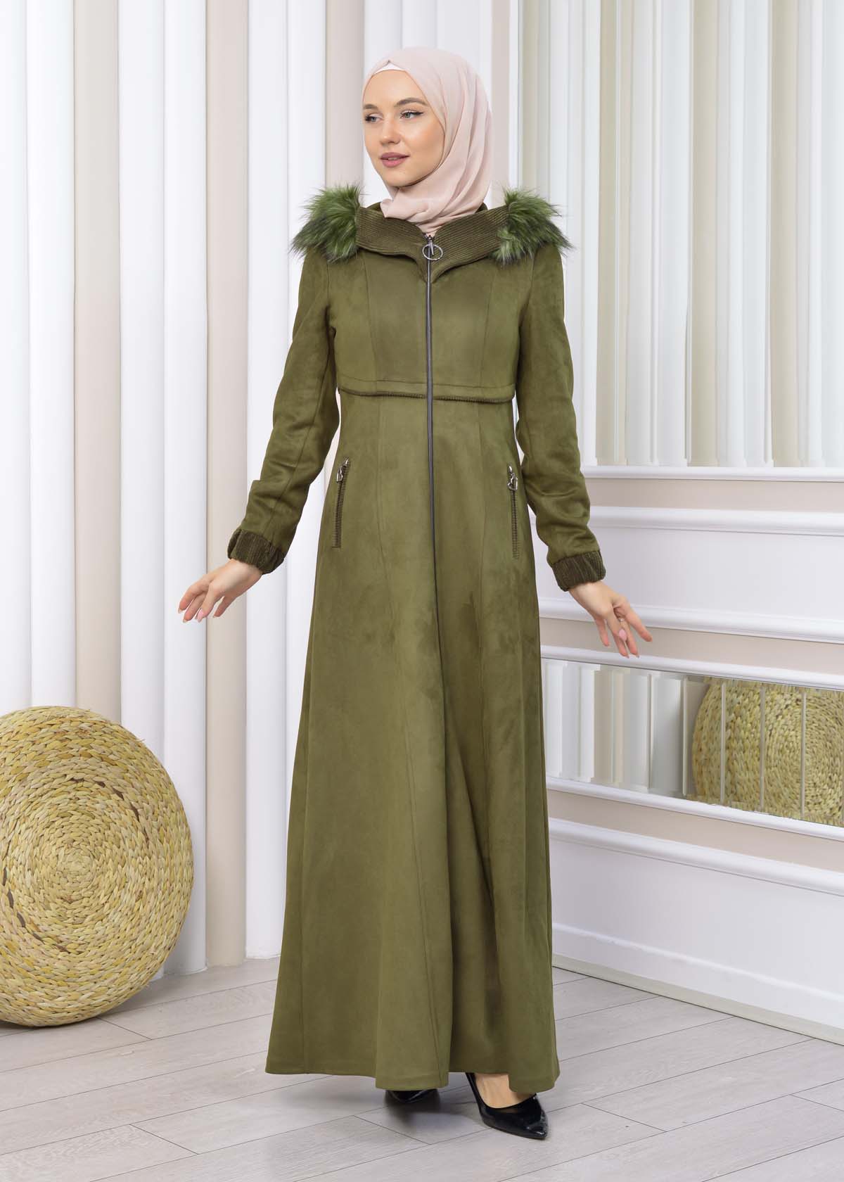 Langer Wildleder-Mantel mit Pelzkapuze 1331 - Khaki