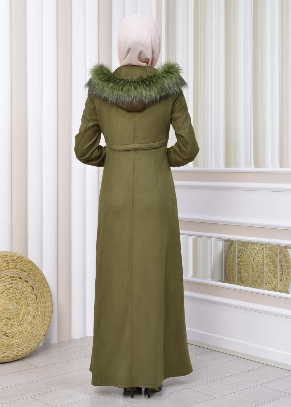 Langer Wildleder-Mantel mit Pelzkapuze 1331 - Khaki