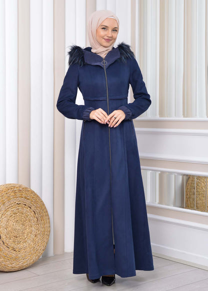 Langer Wildleder-Mantel mit Pelzkapuze 1331 - Dunkelblau