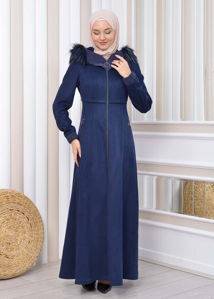 Langer Wildleder-Mantel mit Pelzkapuze 1331 - Dunkelblau