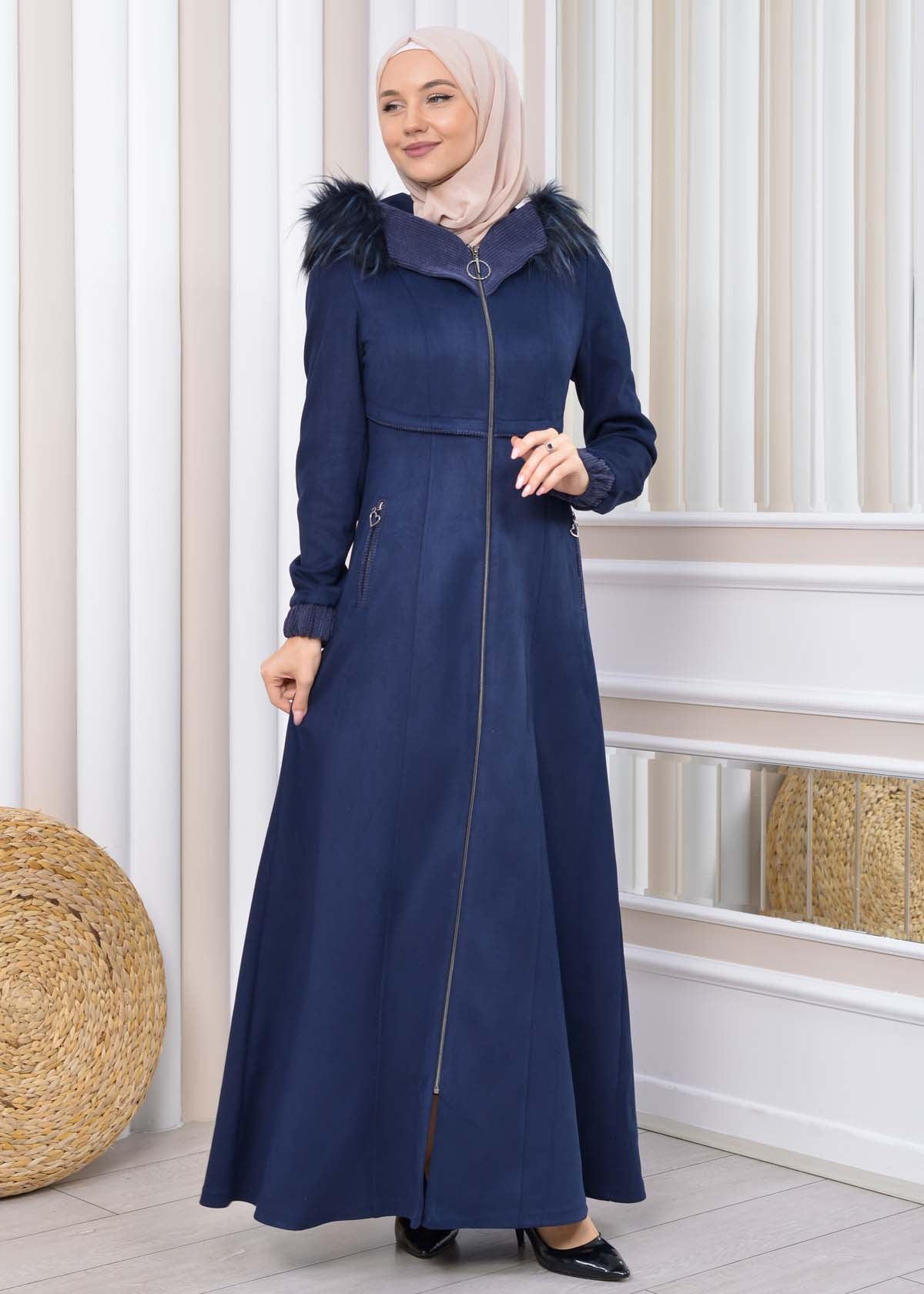 Langer Wildleder-Mantel mit Pelzkapuze 1331 - Dunkelblau