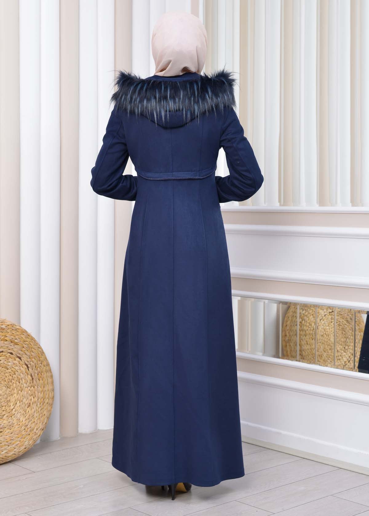 Langer Wildleder-Mantel mit Pelzkapuze 1331 - Dunkelblau