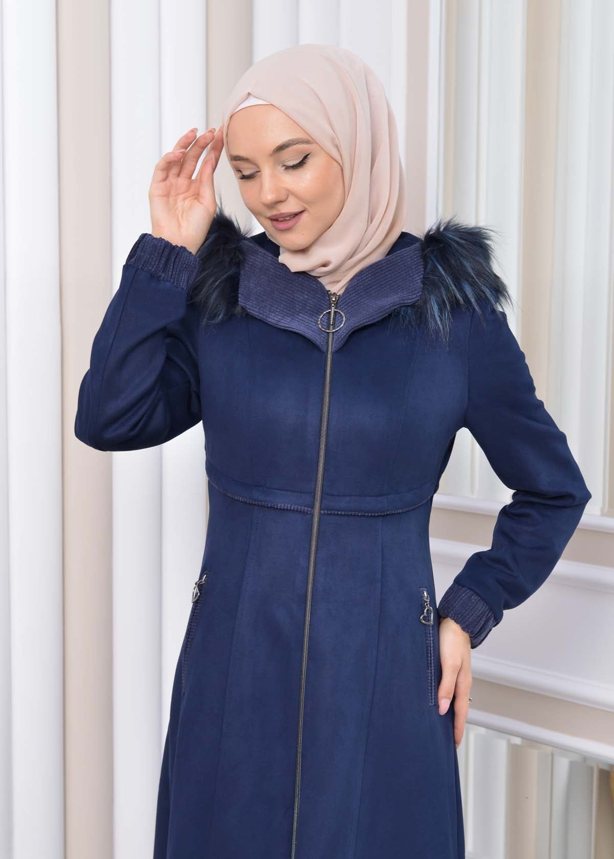 Langer Wildleder-Mantel mit Pelzkapuze 1331 - Dunkelblau