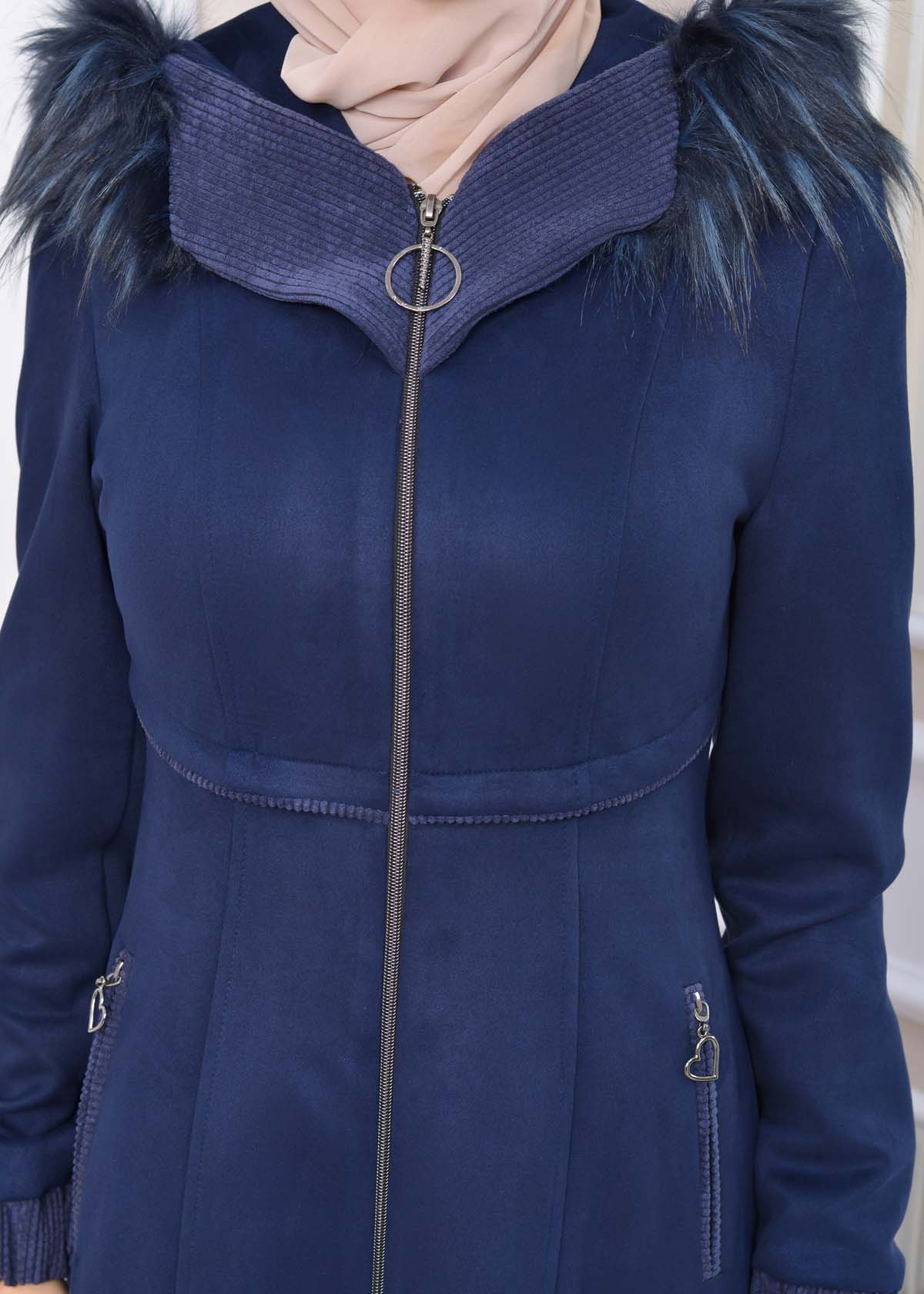 Langer Wildleder-Mantel mit Pelzkapuze 1331 - Dunkelblau