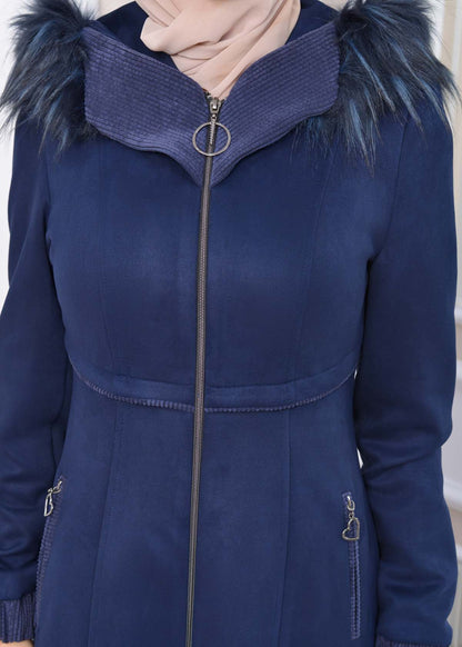 Langer Wildleder-Mantel mit Pelzkapuze 1331 - Dunkelblau