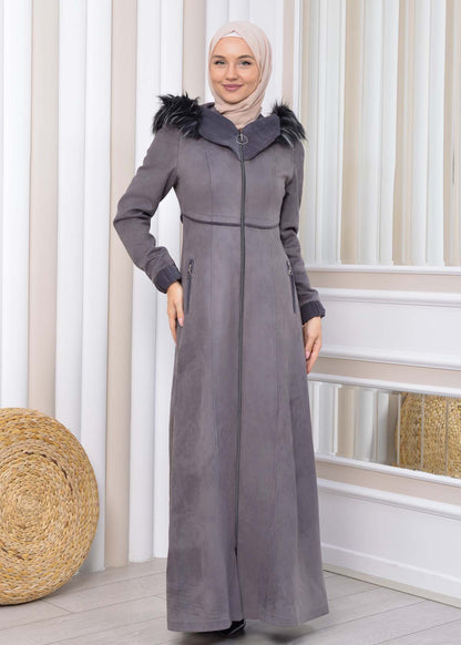 Langer Wildleder-Mantel mit Pelzkapuze 1331 - Dunkelgrau