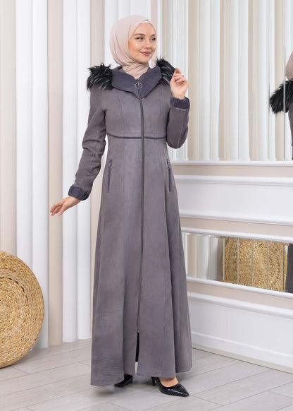 Langer Wildleder-Mantel mit Pelzkapuze 1331 - Dunkelgrau