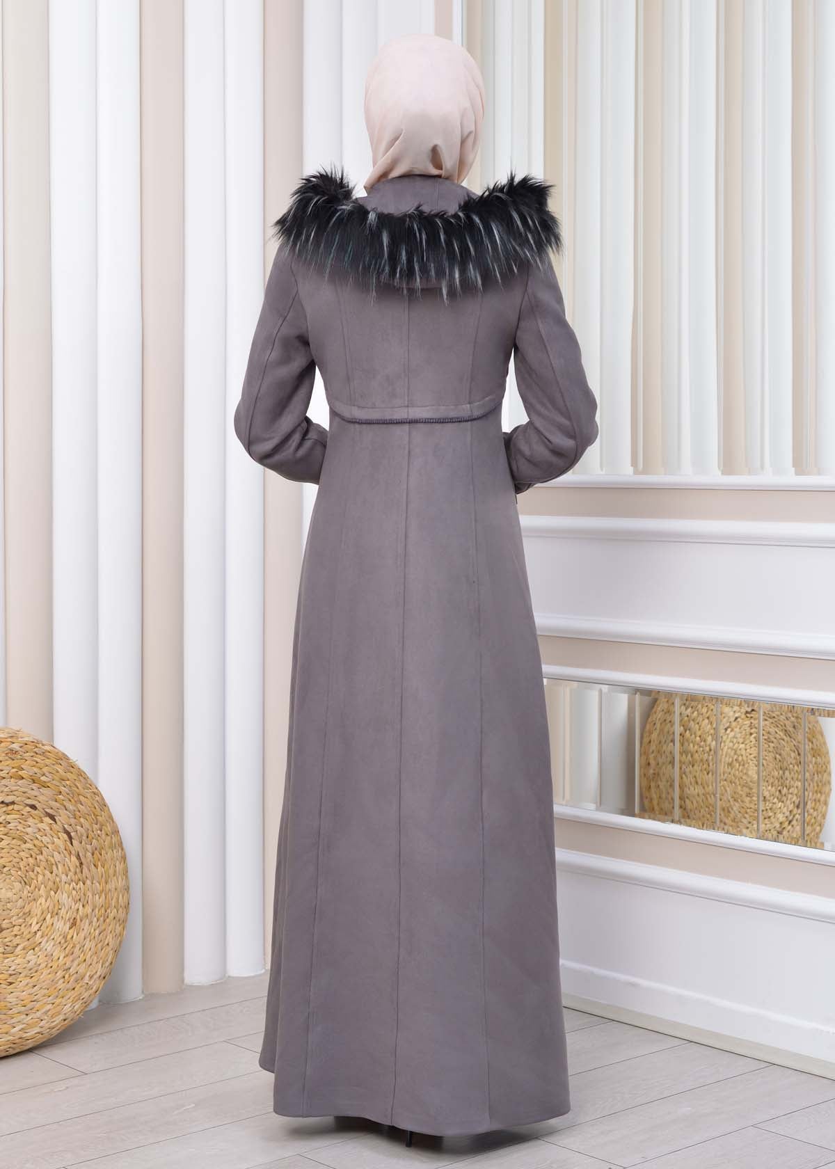 Langer Wildleder-Mantel mit Pelzkapuze 1331 - Dunkelgrau