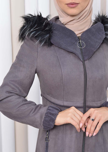 Langer Wildleder-Mantel mit Pelzkapuze 1331 - Dunkelgrau