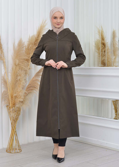 Hooded Zippered Hijab Trench Coat 1202 - Khaki