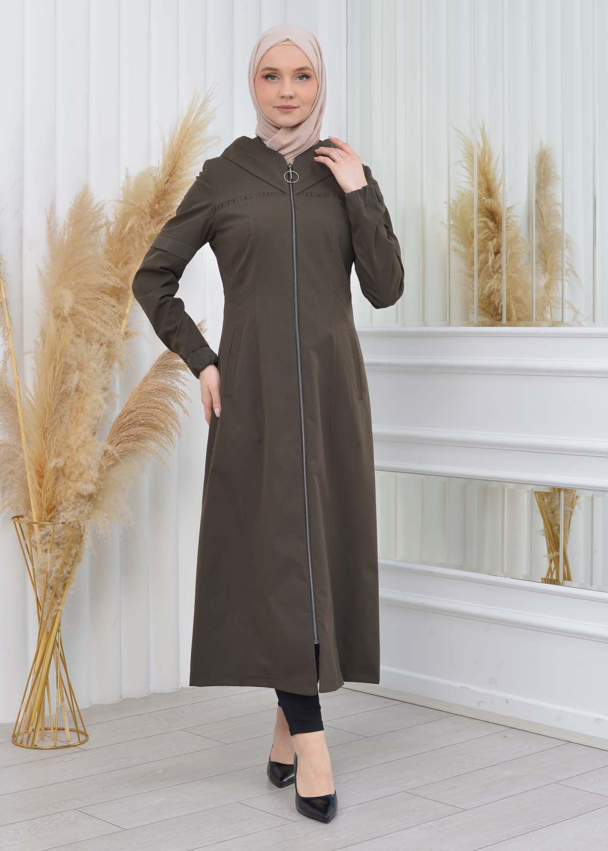 Hooded Zippered Hijab Trench Coat 1202 - Khaki