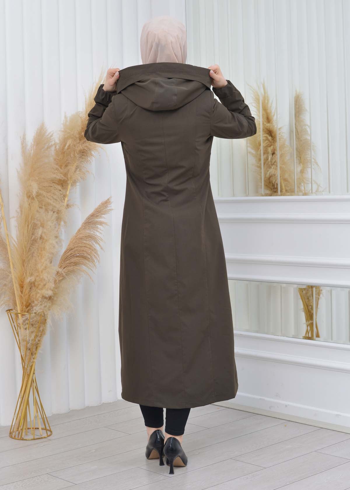 Hooded Zippered Hijab Trench Coat 1202 - Khaki