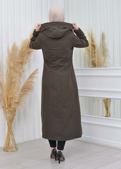 Hooded Zippered Hijab Trench Coat 1202 - Khaki