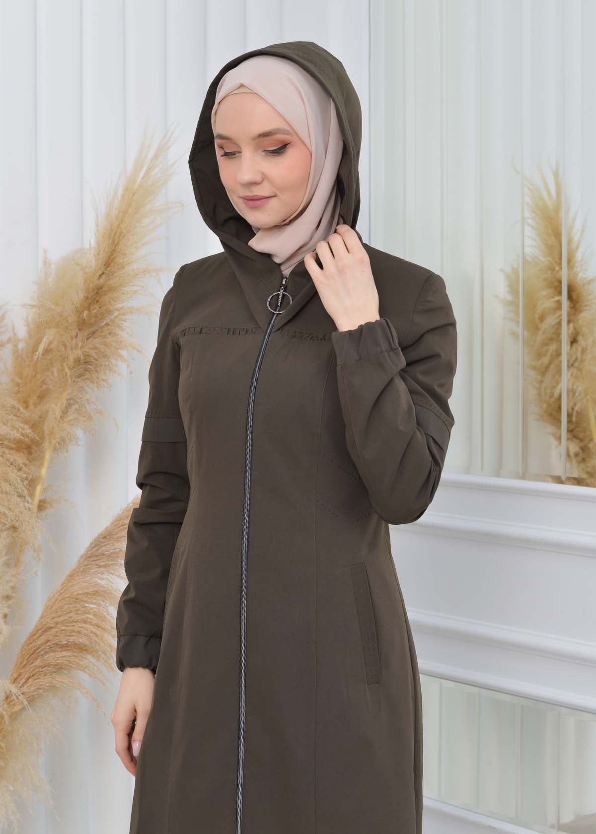 Hooded Zippered Hijab Trench Coat 1202 - Khaki